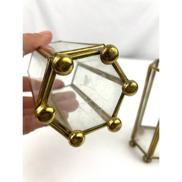 VTG Mini Brass Etched Glass Lantern Candle Holder Display Lot of 2 - Picture 3 of 16